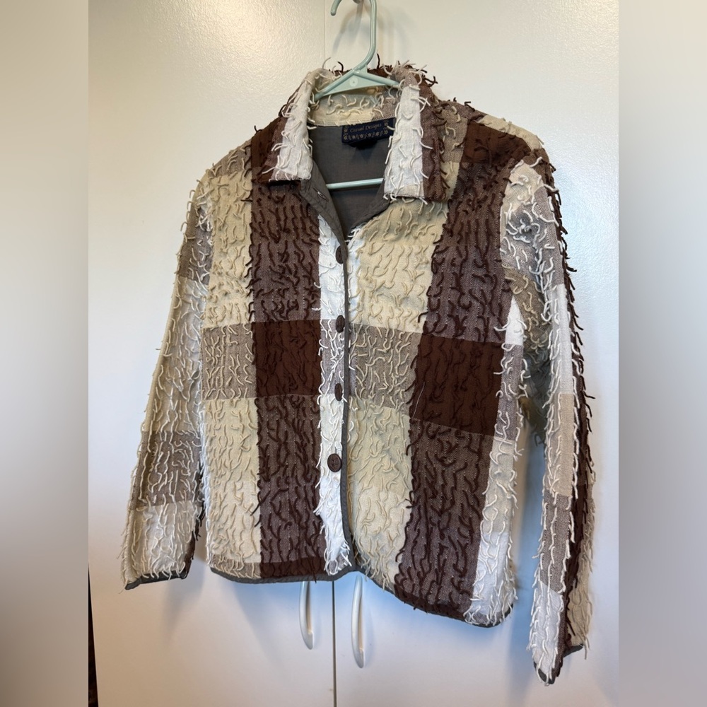 Country boho jacket. Worn once.  Fringe cotton.  Perfect for fall. Plaid